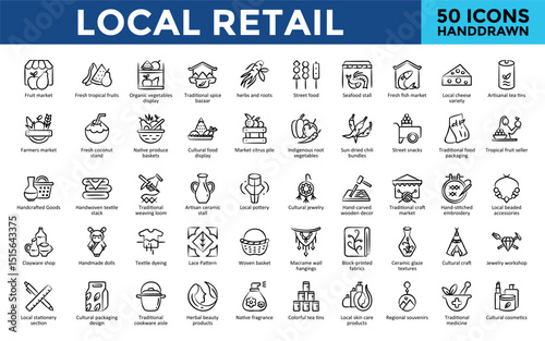 Local Retail icons set with fruit market, fresh tropical fruits, organic vegetables display, traditional spice bazaar, herbs and roots, street food, seafood stall icon. Simple handdrawn vector 
