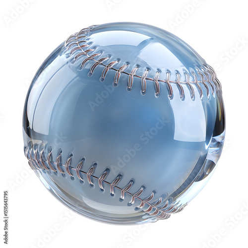 A 3D render of a transparent glass like baseball with a shiny reflective seam and a soft blue hue isolated on a white background