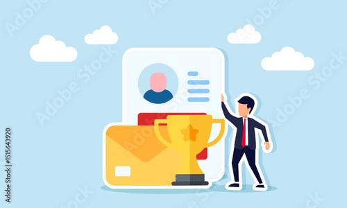 Businessman standing next to profile document envelope and trophy illustration of job application with impressive curriculum vitae and work experience