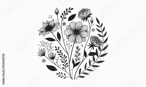 Hand-Drawn Botanical Floral Composition