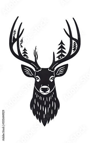 Deer head silhouette with large antlers and forest elements integrated into the antlers, decorative vector art, suitable for wood engraving.
