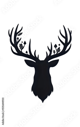 Silhouette of a deer in a snowy forest at night, vector design with tree outlines and stars, black and white with soft gradients.
