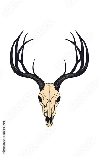 Symmetrical deer skull silhouette with antlers, gothic tattoo vector style, black and white design with tribal influence.
