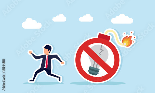 Businessman running away from a burning bomb with a cross sign on a broken lamp illustration of trapped by wrong business ideas causing big losses