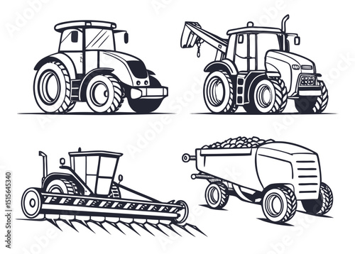 Four essential farming machines illustrated in bold vector style, showcasing innovation in tractors, harvesters, loaders, and crop carriers.