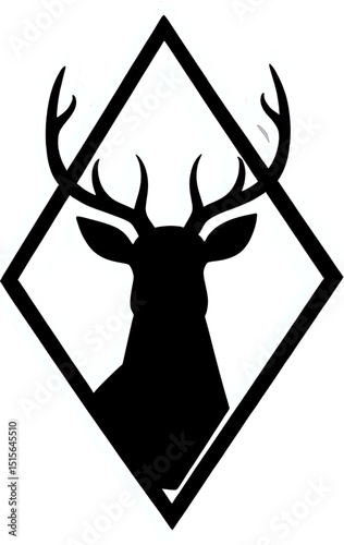 Geometric deer head silhouette inside diamond-shaped frame, sharp angles and minimalist lines, black-on-white vector design.