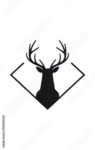 Geometric deer head silhouette inside diamond-shaped frame, sharp angles and minimalist lines, black-on-white vector design.