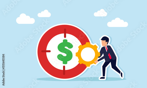 Businessman holding a gear next to a target with a dollar icon illustration of business financial system maintenance and improvement
