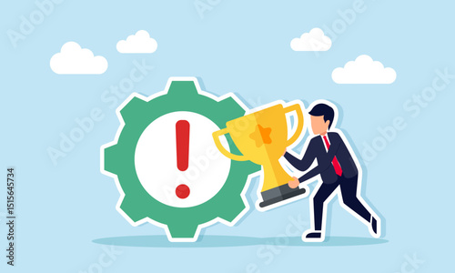 Businessman holding a trophy next to a gear with a warning sign illustration of maintenance and improvement related to management and business systems as a leading company