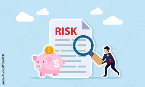 Businessman holding a magnifying glass examining a document labeled risk next to a piggy bank illustration of risk analysis in selecting business investment manager