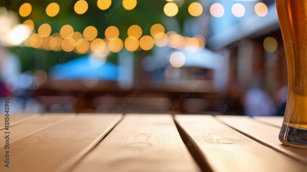 Two glasses of golden ale on a white wooden table with an outdoor patio and string lights blurred in background.