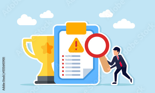 Businessman holding a magnifying glass examining a document with warning sign in front of a trophy illustration of observing and analyzing risks to maintain leading company status