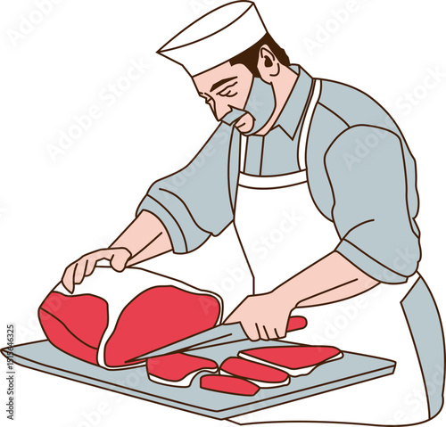 Boucher découpant de la viande