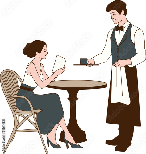 Terrasse de café avec serveur et cliente