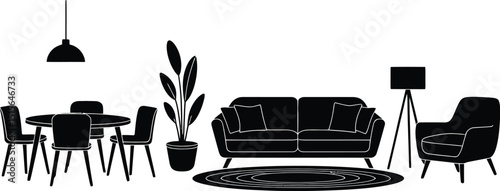 Modern minimalist black and white living room with sofa, armchair, dining table, lamp, and stylish furniture.





