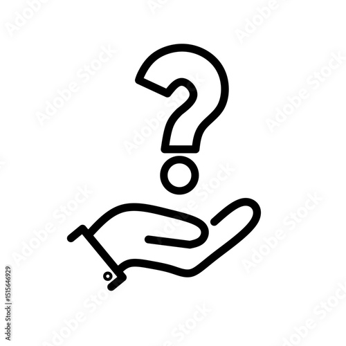 Holding hand question mark icon, faq support, puzzled or uncertainty bubble, doubt ask, frequently information advice, thin line symbol on white background.