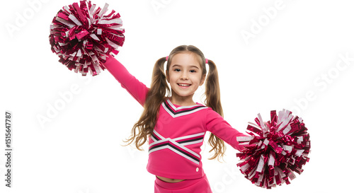 Cheerful young girl in a vibrant pink cheerleading outfit enthusiastically waving pom-poms at a sports event, with a lively crowd in the background