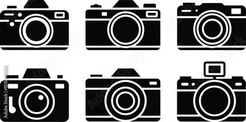 Monochrome camera silhouette icon and photography equipment graphic design symbol.

