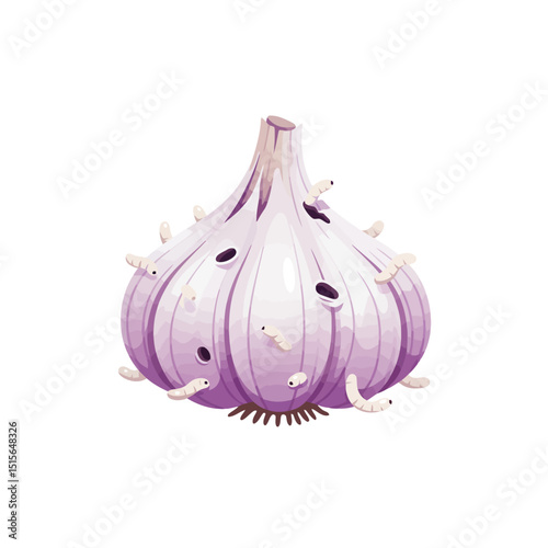 Garlic with Worms Cartoon Illustration Detailing Pest Infestation on Produce