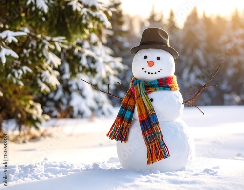 Snowman in snowy forest