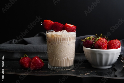 Pink cocktail drink with strawberry liqueur, vanilla vodka and cream.  Party drink with strawberries.  Fruit cocktail with fresh strawberries as a garnish. Cold and refreshing adult drink.