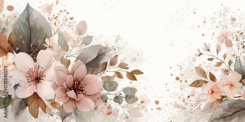Gentle Watercolor Floral Corner with Soft Pink Blossoms and Neutral Foliage on a Light Textured Background, Expressing Understated Beauty