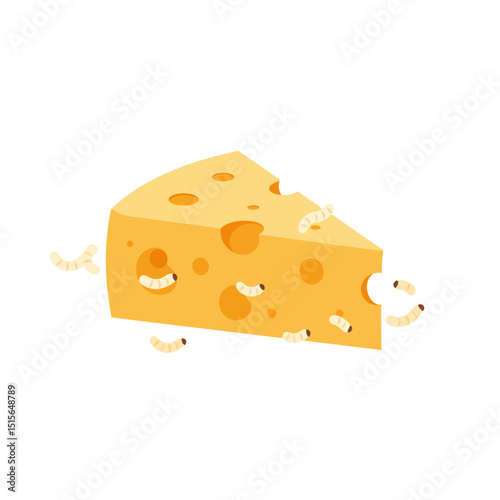 Cheese Wedge with Worms Flat Vector Illustration Food Concept