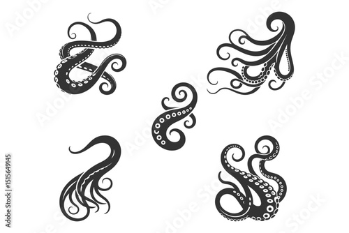 Set of tentacle silhouettes on white background. Octopus tentacle vector icons