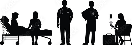Professional silhouettes in meeting and discussion, sitting and standing around desks with laptops and monitors.










