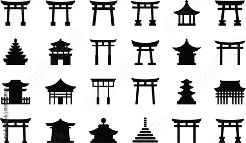 Collection of stylized black and white illustrations depicting traditional japanese torii gates and architectural structures