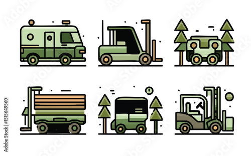 Six green cartoon logging industry vehicles with thick black outlines on a white background