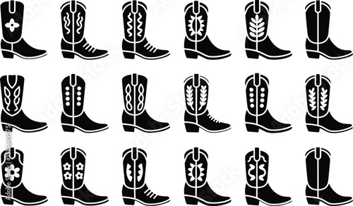 A stylized collection of detailed vector illustrations presenting various designs for cowboy boots perfect for country music enthusiasts and fashion-related designs.