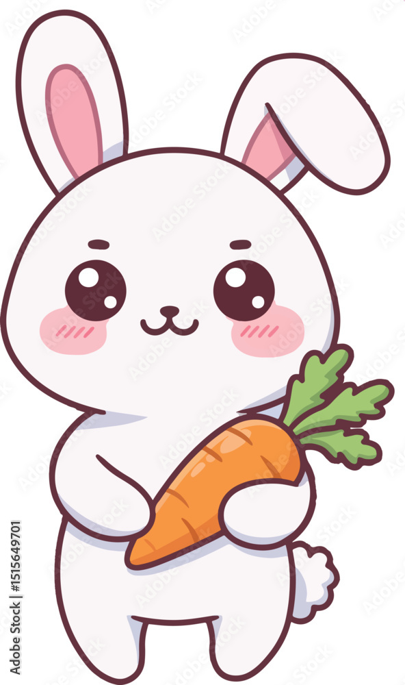 Cute Kawaii Cartoon Bunny Holding a Carrot with Shy Smile Cute Kawaii Cartoon Bunny Holding a Carrot with Shy Smile