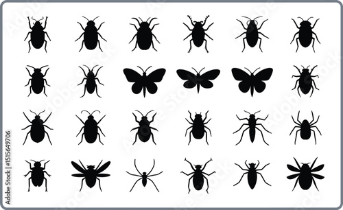 A collection of black silhouettes of various insects including beetles spiders butterflies and other bugs on a white background