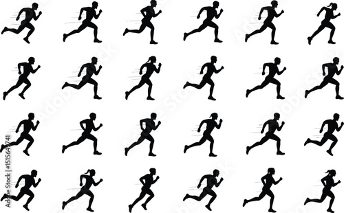 Silhouetted runners displaying running motion in a grid format suitable for fitness sport or athletic training design concepts