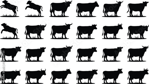 A black and white silhouetted collection of cows and bulls depicting various poses in a grassy field displaying livestock concept