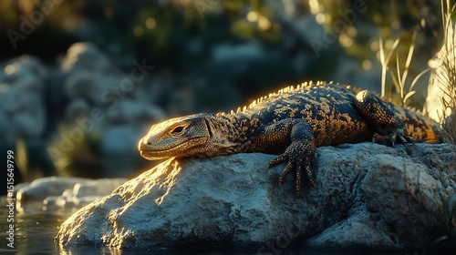 Nile monitor lizard resting on a rock near the riverbank its golden scales shimmering under the sun photorealistic textures cinematic composition