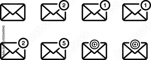 Email icon set illustrating unread messages with number indicators and symbol for communication in clean vector form