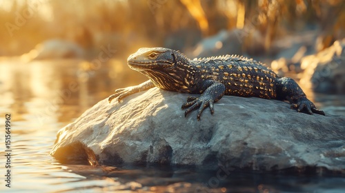 Nile monitor lizard resting on a rock near the riverbank its golden scales shimmering under the sun photorealistic textures cinematic composition