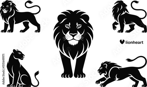 Vector illustration depicting a collection of five elegant black lion silhouettes perfect for design and creative projects photo