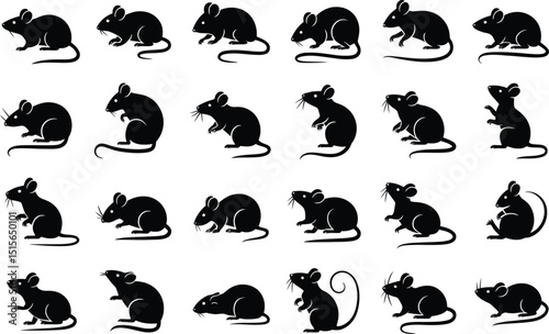 Silhouette illustrations of a collection of mice in various poses perfect for use in pest control marketing materials or designs.