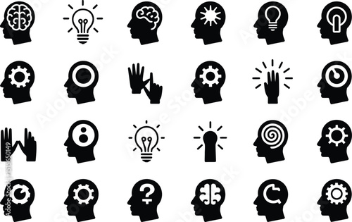 Collection of conceptual black and white silhouette icons representing ideas thinking and the human brain activity