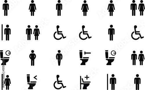 Vector set of diverse restroom signs featuring male female accessible and toilet icons for public facilities and wayfinding systems