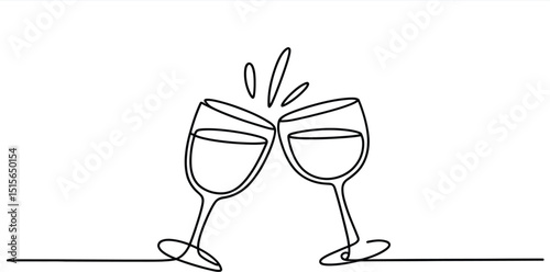 Minimalist 2D line drawing of two wine glasses clinking in simple black and white geometric style.