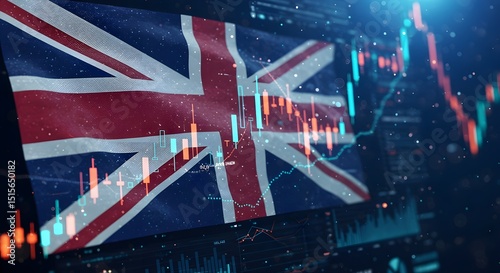 UK flag overlaid with stock market chart symbolizes economic trends and financial markets.