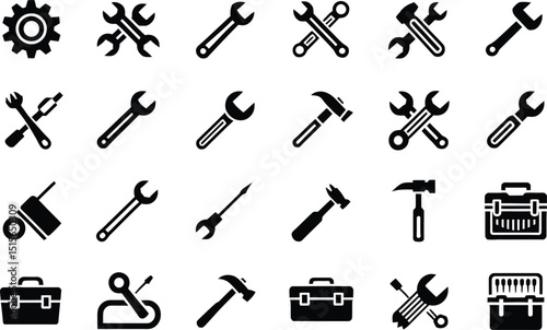 Black and white silhouetted icon set featuring diverse hand tools such as wrenches hammers toolboxes and other essential repair instruments