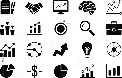 Collection of black and white business and finance icons representing data analysis growth and success concepts in a vector style