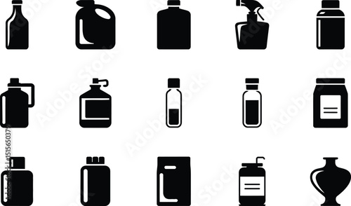 Collection of minimalist bottle icons representing various container types and product packaging in a simple black and white design