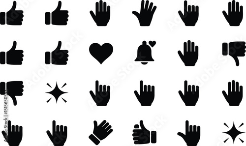 Vector icons depicting various hand gestures and symbols including thumbs up thumbs down heart bell click and sparkling effects