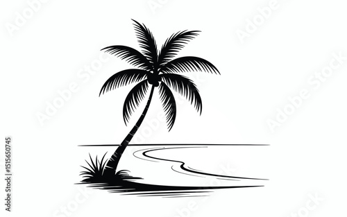Vector illustration of a black and white stylized palm tree with a curved shoreline design against a white background
